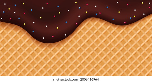 Choco glaze waffle. Sweet dripping choco liquid with colorful bonbons. Dessert vector background