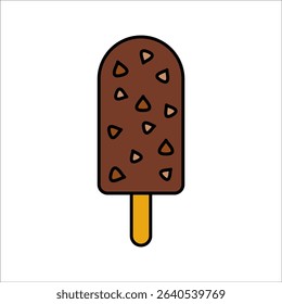 Choco Ice Cream Flat design style, chocolate ice cream on a stick with choco chips, great for dessert menus and sweet treat illustrations.