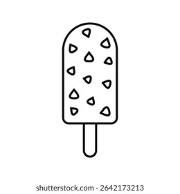 Choco Ice Cream Outline style, chocolate ice cream on a stick with choco chips, great for dessert menus and sweet treat illustrations.