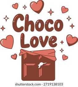Choco texto de amor con barra de chocolate y corazones de Ilustración vectorial para golosinas dulces.