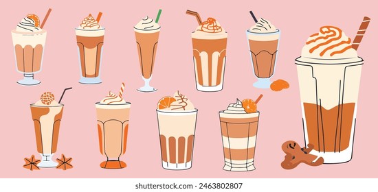 Crema De Batido De Leche Choco Con Vector De Taza Naranja Ilustración Set