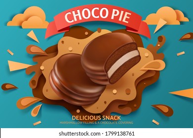 Choco pie ad template, realistic smooth cakes with paper cut chocolate cream in splashing shapes, 3d illustration