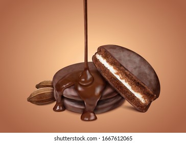 Choco pie with dripping chocolate syrup and cocoa nut in 3d illustration isolated on brown background