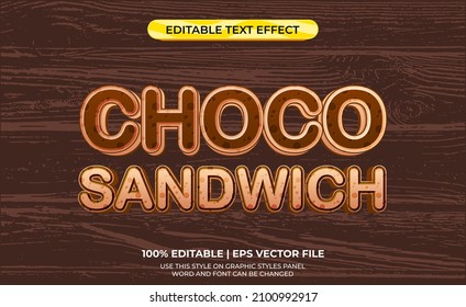 Choco sandwich 3d text effect with brown chocolate theme. typography template for sweet chocolate products.