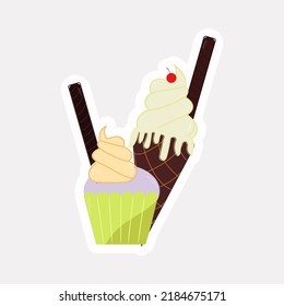 Choco Stick Cup Cake And Ice Cream Cone In Sticker Style.