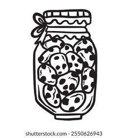 Chocochip cookie jar black and white illustration isolated on square white background. Simple flat outlined cartoon art styled sweet food drawing.