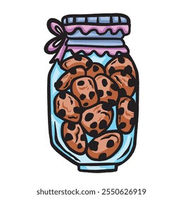 Chocochip cookie jar with pink ribbon colorful illustration isolated on square white background. Simple flat outlined cartoon art styled sweet food drawing.