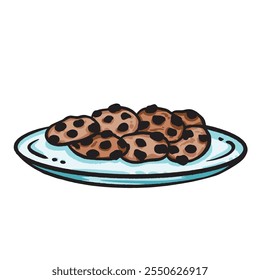 Chocochip cookies on plate colorful illustration isolated on square white background. Simple flat outlined cartoon art styled sweet food drawing.