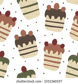 Chocolade and strawberry cake with cherry seamless pattern background, cute hand drawn cupcake vector illustration, vintige and retro design