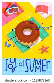Chocolat doughnut character sunbathing on the beach near the water at tropical resort. Funny summer vector card