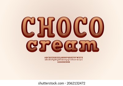 Chocolate 3d font, alphabet in the cartoon style, slab serif rounded uppercase and lowercase letters from A to Z and numbers from 0 to 9, vector illustration 10EPS