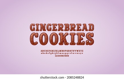 Chocolate 3d font, alphabet in the cartoon style, slab serif rounded uppercase and lowercase letters in the gingerbread style, vector illustration 10 EPS