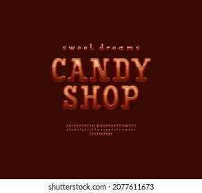 Chocolate 3d font, alphabet in the delicious style, slab serif rounded uppercase and lowercase letters from A to Z and numbers from 0 to 9, vector illustration 10EPS