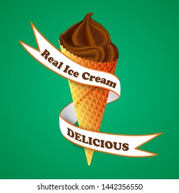 Chocolate 3d realistic ice cream cone. Ribbon ads with inscription wrapped around icecream. Isolated on green background. Vector illustration