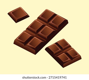 Chocolate 3d realistic vector illustration. Close up of chocolate pieces.