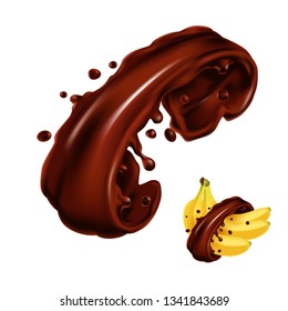 Chocolate 3d splash. Cocoa leaking cream realistic illustration. Vector hyperrealism. Pouring drop isolated on white background