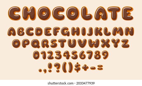 Chocolate ABC. Bakery letters, alphabet letter and number glazed choco. Decorative elements for baby, recipe, birthday cards, sale banners, vector design