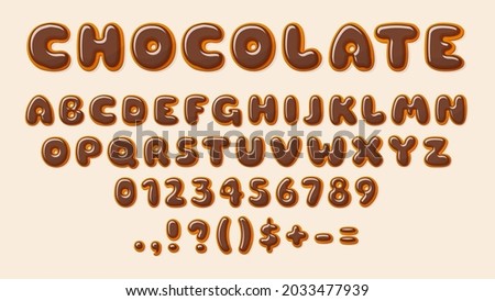 Chocolate ABC. Bakery letters, alphabet letter and number glazed choco. Decorative elements for baby, recipe, birthday cards, sale banners, vector design