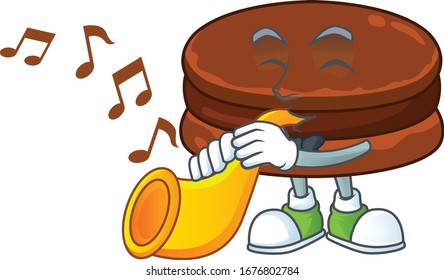 Chocolate alfajor cartoon character playing music with a trumpet