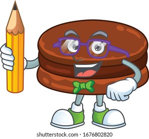 Chocolate alfajor clever student character using a pencil