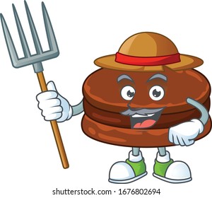 Chocolate alfajor in Farmer mascot design with hat and pitchfork