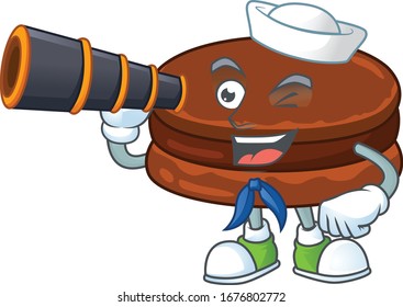 Chocolate alfajor in Sailor cartoon character design with binocular