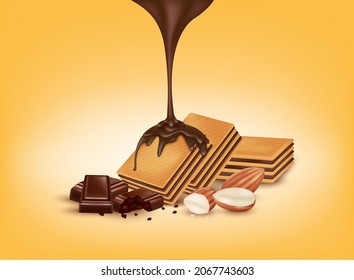 Galletas de almendras de chocolate deliciosas, goteo en salsa de crema de chocolate y galletas. Aperitivos para la comida de postres y dulces. En un fondo amarillo. Ilustración vectorial 3D realista.