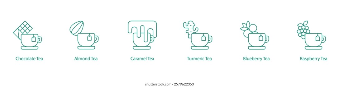  Chocolate, Almond, Caramel, Turmeric, Blueberry, and Raspberry Tea Icon Set