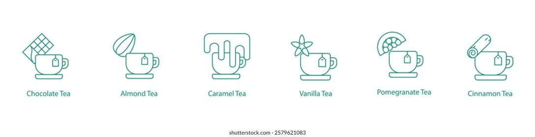 Chocolate, Almond, Caramel, Vanilla, Pomegranate, and Cinnamon Tea Icon Set