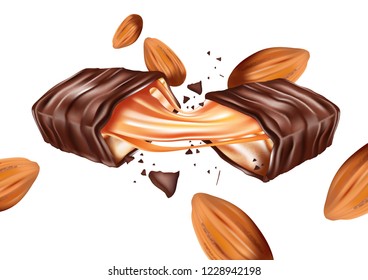 Chocolate and almond seeds in the middle isolated on white background, Vector realistic in 3d illustration.