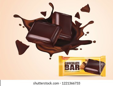 Chocolate with almond seeds and package in the middle isolated on solid color background, Vector realistic in 3d illustration. Food concept.