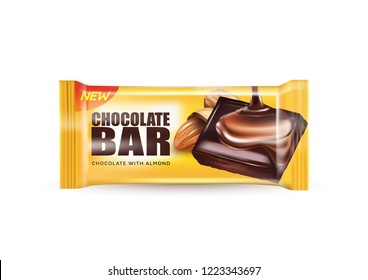 Chocolate with almond seeds and package in the middle isolated on white background, Vector realistic in 3d illustration. Food concept.