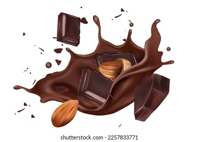 Chocolate and Almonds flying in the middle isolated on white background, Vector realistic in 3d illustration.