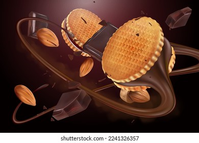 Chocolate with almonds liquid splashing in the middle isolated on solid color background, Vector realistic in 3d illustration.