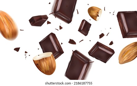 Chocolate con almendras salpicando en el medio aislado sobre fondo blanco, Vector realista en ilustración 3d.