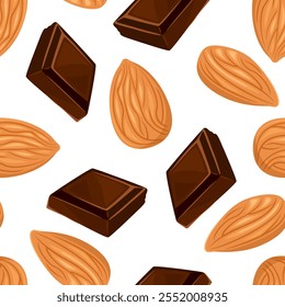 Fundo do vetor de chocolate e amêndoas. Pedaços de barra de chocolate escuro e nozes padrão sem costura. Ilustração em formato de desenho animado.