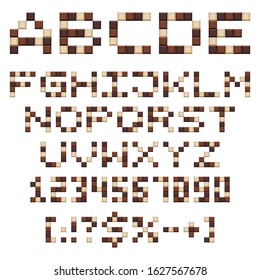 Chocolate alphabet, letters, numbers and signs. Set of isolated vector objects on a white background.