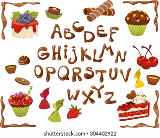 Chocolate Alphabet with sweet cakes, cupcakes, chocolate and tea.