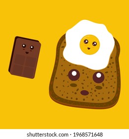 Chocolate Is Angry With Bread Because It Is With Eggs. Cute Mascot Character. Kawaii Bread Vector Illustration Isolated On Yellow Background. Funny Breakfast Story.