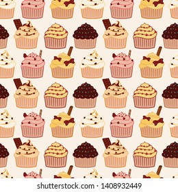 Chocolate ans coffee cupcakes seamless pattern. Cute cupcakes set