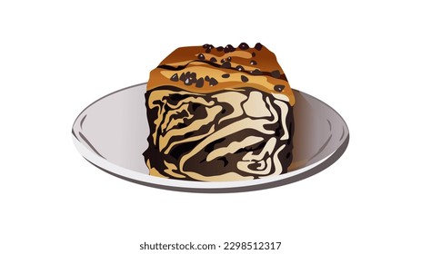 Chocolate Babka Bread on Plate. Sweet braided bread which originated in the Jewish communities of Poland and Ukraine, also popular in Israel. Editable vector illustration in trendy realistic style.