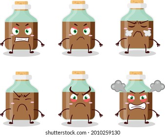 Caricatura de la botella de leche para bebé de chocolate con varias expresiones furiosas. Ilustración del vector