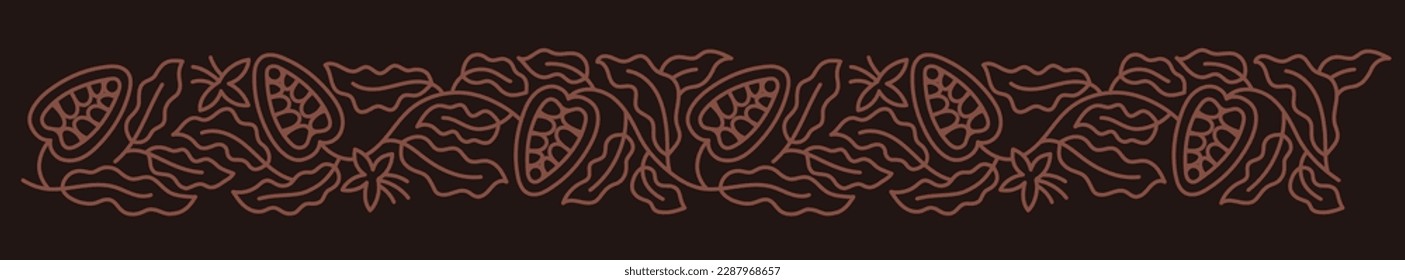 Chocolate background. Cocoa bean floral ornament. Beans and branches leaves. Editable outline stroke. Vector line.