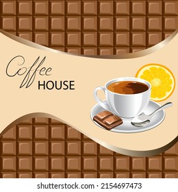 Chocolate background with a cup of coffee.Vector banner with a cup of coffee and text on a chocolate background.