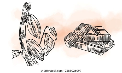 chocolate background. chocolate of ink drawing with water colour for poster, banner, art print, label packaging, menu