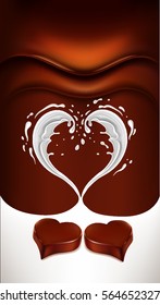 chocolate background with milk heart splash and chocolate heart candy