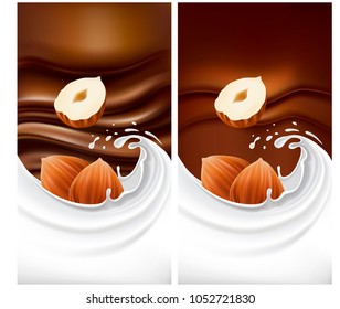 chocolate background with milk splash and hazelnut