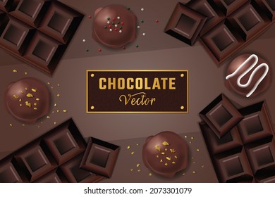 Cartel de fondo de chocolate con barras de chocolate, trufa de chocolate, bombas de chocolate y rociadores, etiqueta chapada en oro	