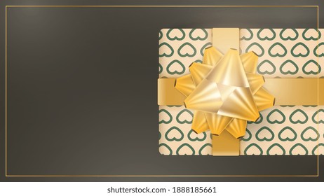 Chocolate background with realistic champagne color gift box, gold ribbons and bow. Background with space for text. View from above. Vector 