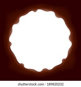 Chocolate background. Round space surrounded with melted chocolate.
